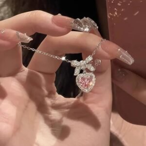 Silver Pavé Bow Pink Heart Necklace