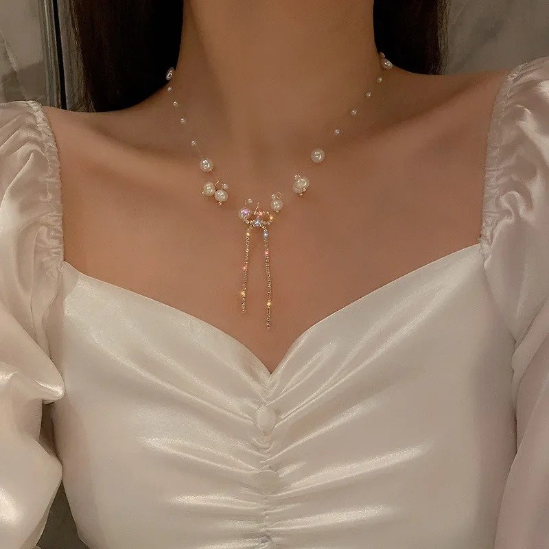Pearl Crystal Tassel Pendant Necklace
