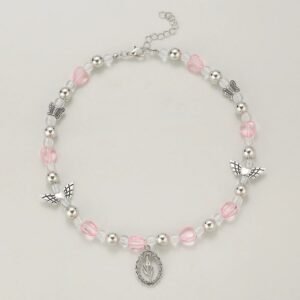 Silver Pink Heart Butterfly Beaded Necklace