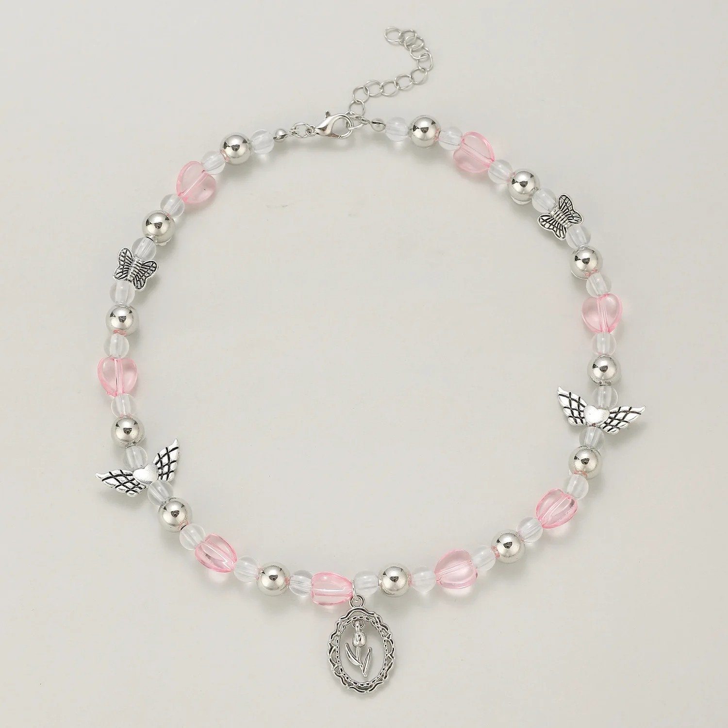 Silver Pink Heart Butterfly Beaded Necklace