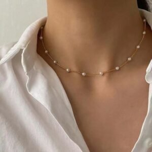 Gold Faux Pearl Station Necklace