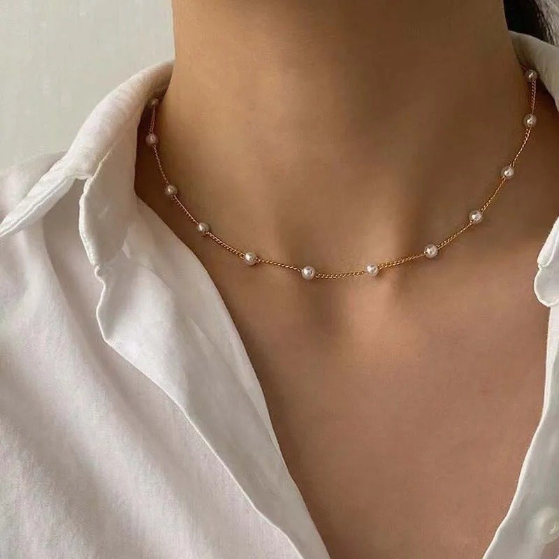 Gold Faux Pearl Station Necklace