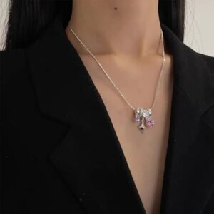 Silver Crystal Heart Star Charm Necklace