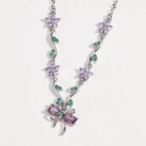 Silver Purple Crystal Flower Bow Necklace