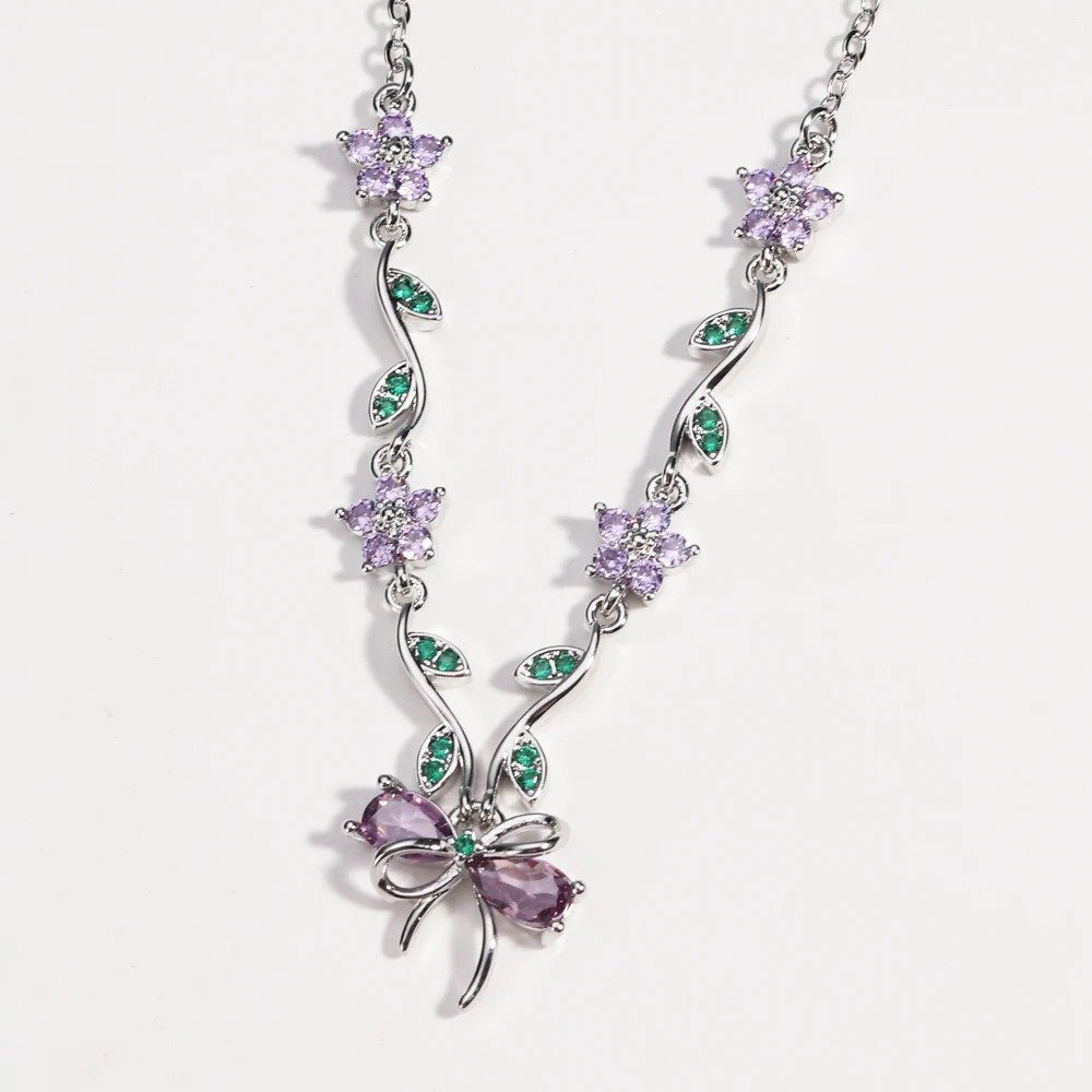 Silver Purple Crystal Flower Bow Necklace