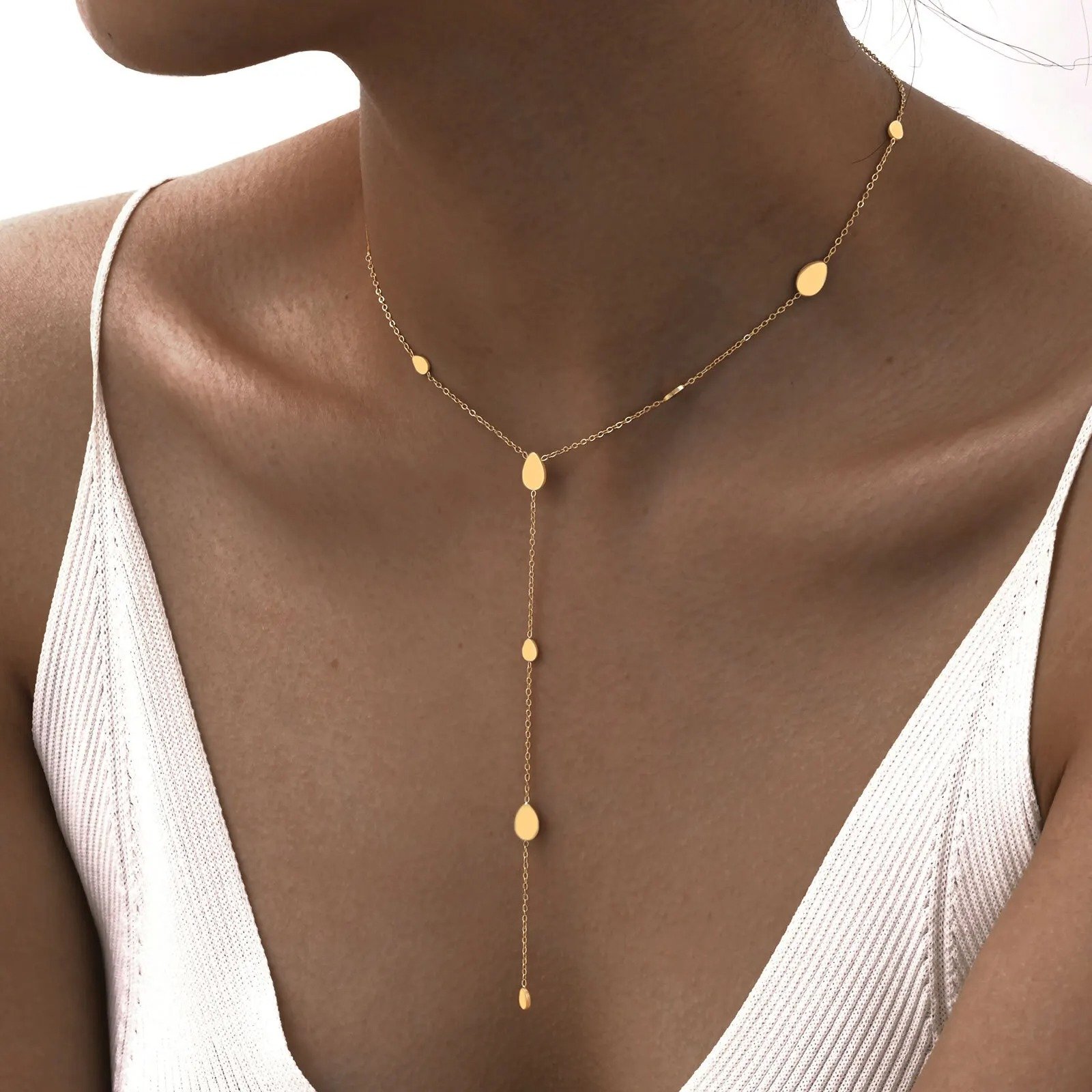 Gold Teardrop Disc Lariat Necklace