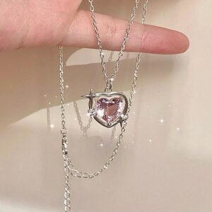 Silver Pink Crystal Star Heart Necklace