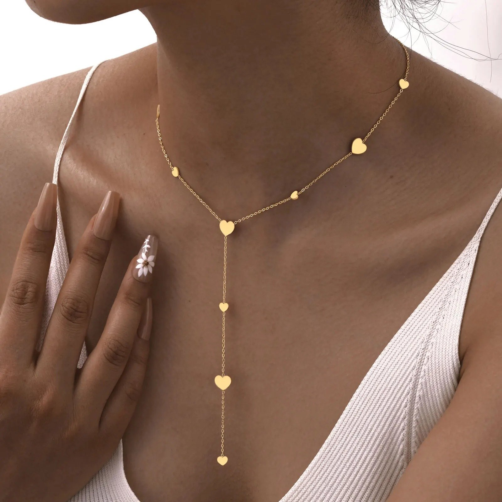 Gold Scattered Heart Lariat Necklace