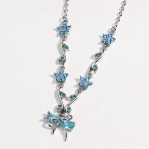 Silver Blue Crystal Floral Bow Necklace