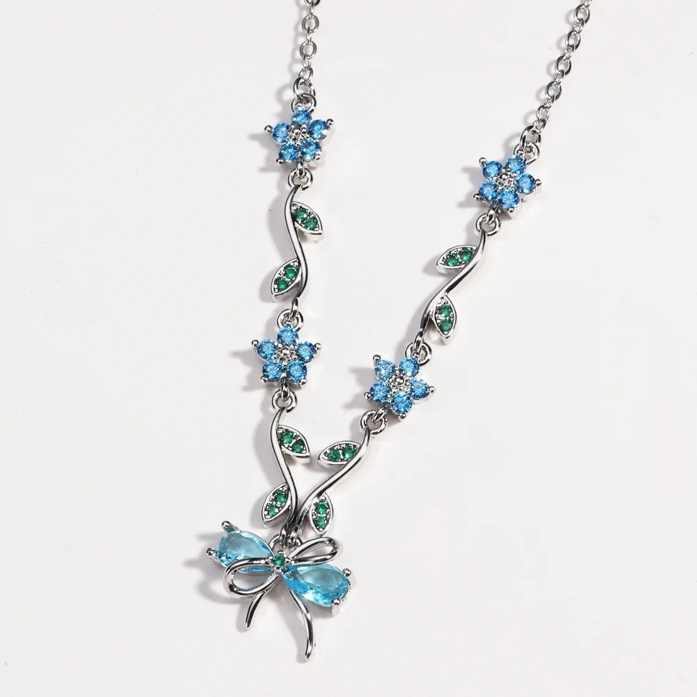 Silver Blue Crystal Floral Bow Necklace
