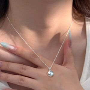 Silver Blue Crystal Round Pendant Necklace