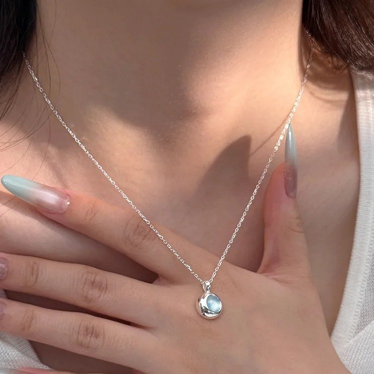 Silver Blue Crystal Round Pendant Necklace