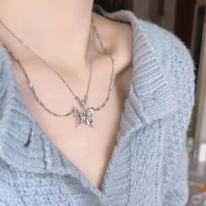 Silver Blue Zircon Butterfly Pendant Necklace