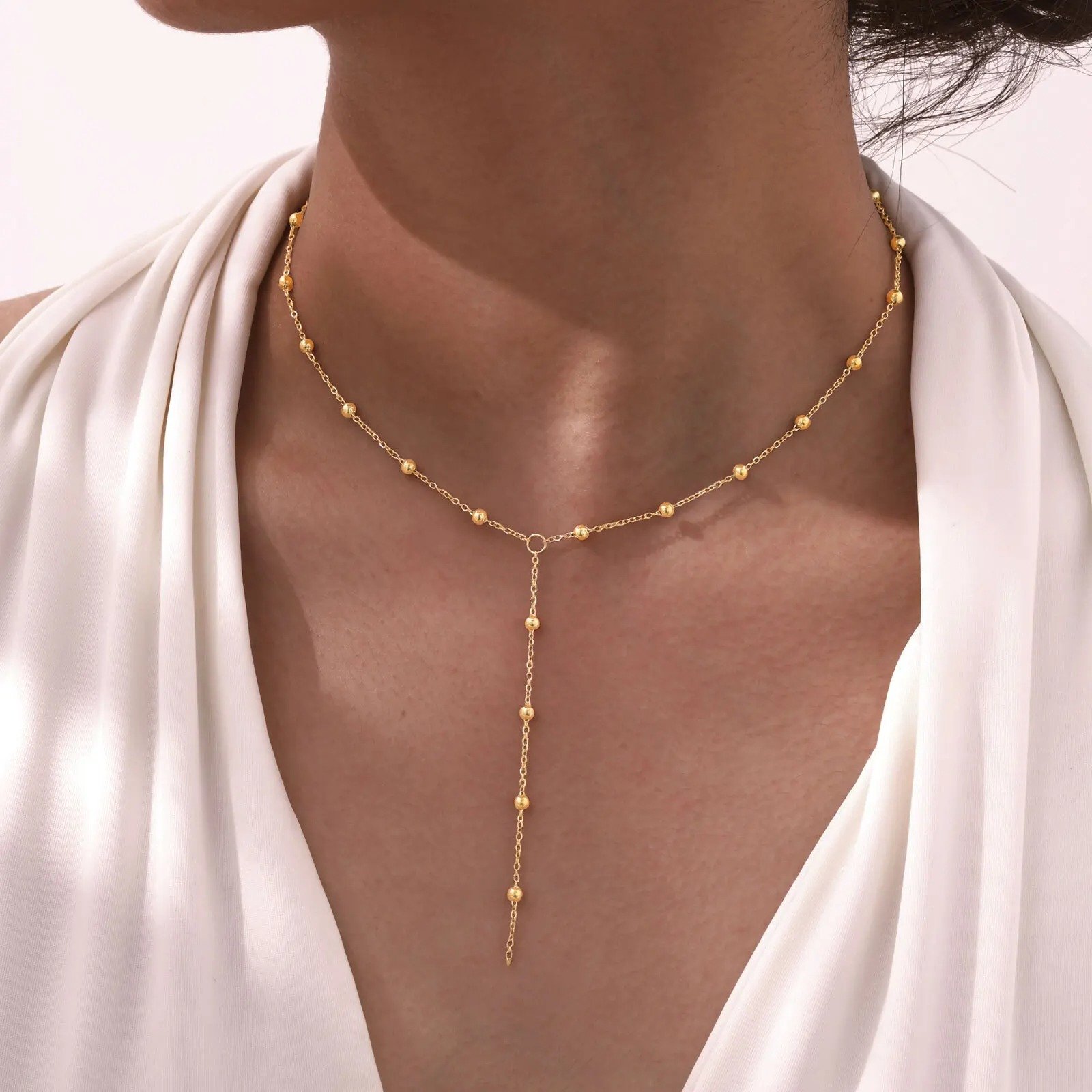 Gold Satellite Bead Lariat Necklace