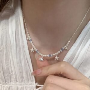 Silver Faux Pearl Starfish Shell Necklace
