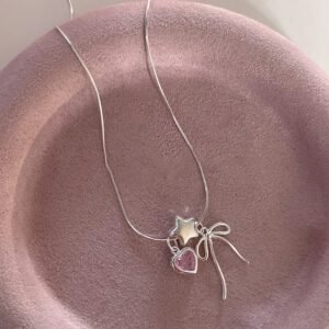 Silver Pink Crystal Heart Bow Necklace