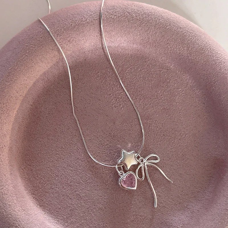 Silver Pink Crystal Heart Bow Necklace