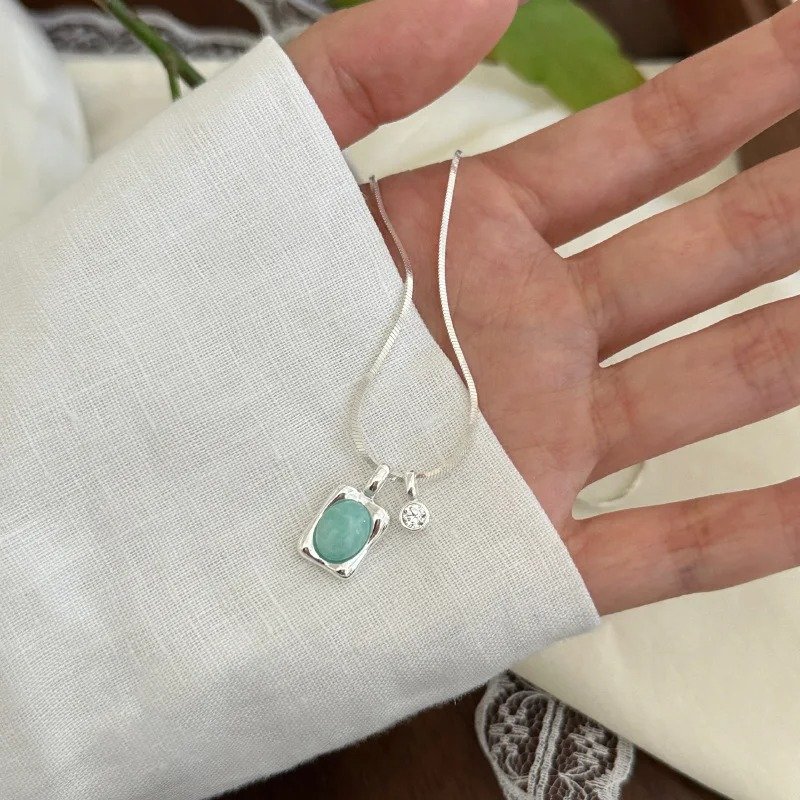 Silver Crystal Mint Stone Necklace