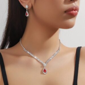 Silver Red Crystal Teardrop Necklace Set
