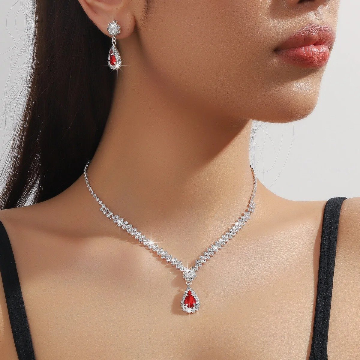 Silver Red Crystal Teardrop Necklace Set